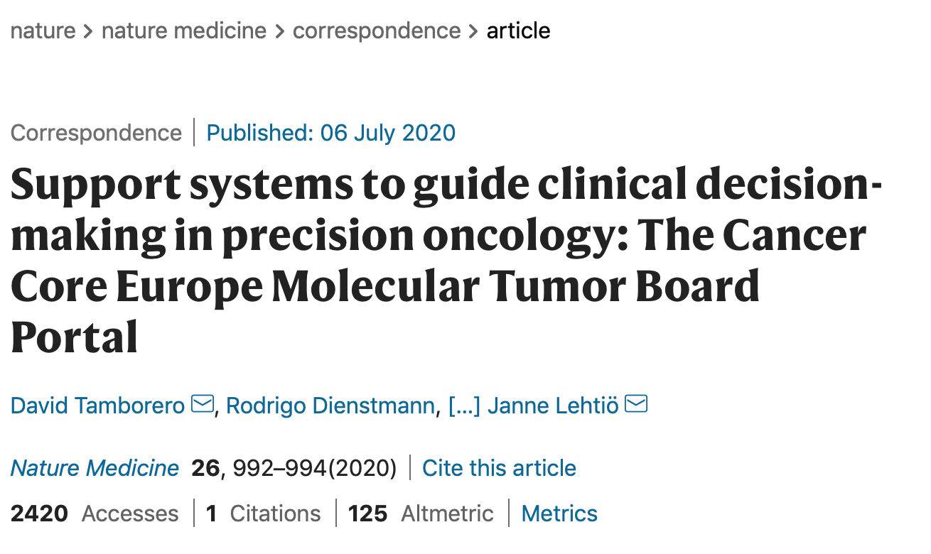 David Tamboreros article on support systems in precision oncology